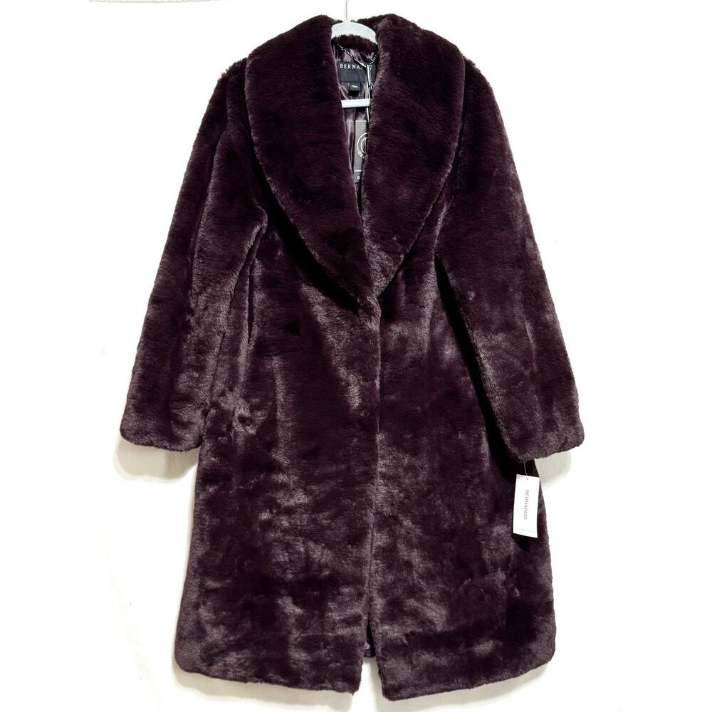 Bernardo Fashion Vegan Fur Coat Size Large Cherrywood Long Sleeve Collard NWT
